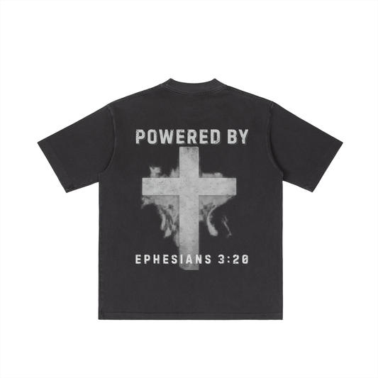 "POWERED BY GOD" Vintage Wash Drop Shoulder T-shirt
